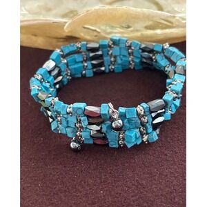 Turquoise and Hematite Beaded Memory Wire Wrap Bracelet Long Necklace Boho
